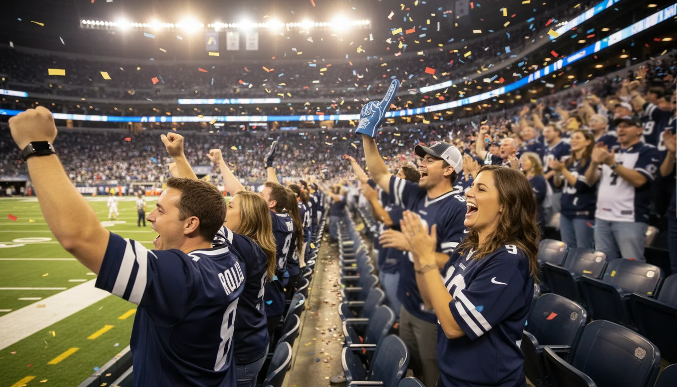 Aficionados de fútbol americano celebrando en las gradas durante el Super Bowl con confeti en el aire