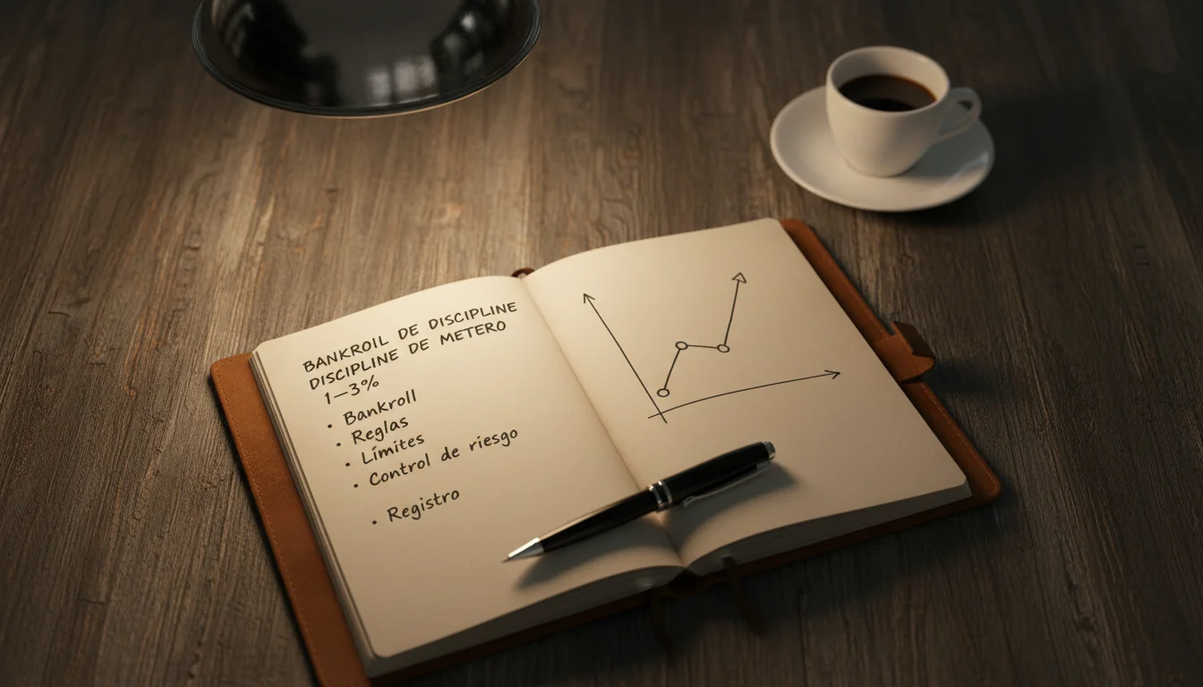 Cuaderno abierto con anotaciones de estrategia de apuestas junto a un bolígrafo sobre un escritorio