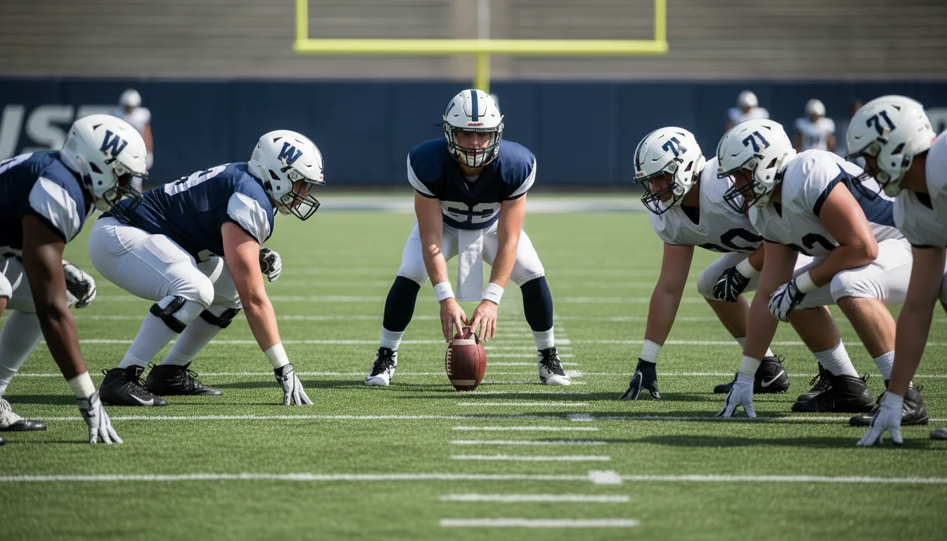 Jugadores de fútbol americano en formación ofensiva antes del snap en un campo de césped